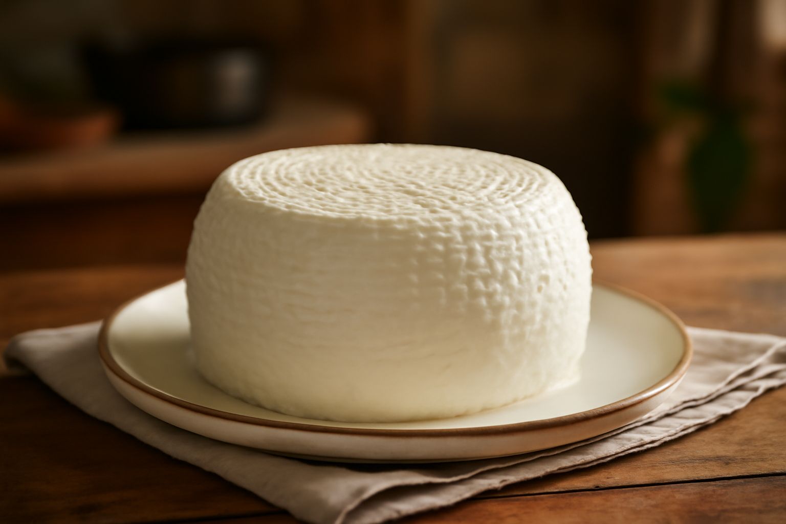 Una caciotta fresca appena sformata, di colore bianco avorio, con una consistenza liscia e cremosa, posizionata su un piatto di ceramica bianca con una piccola quantità di siero attorno