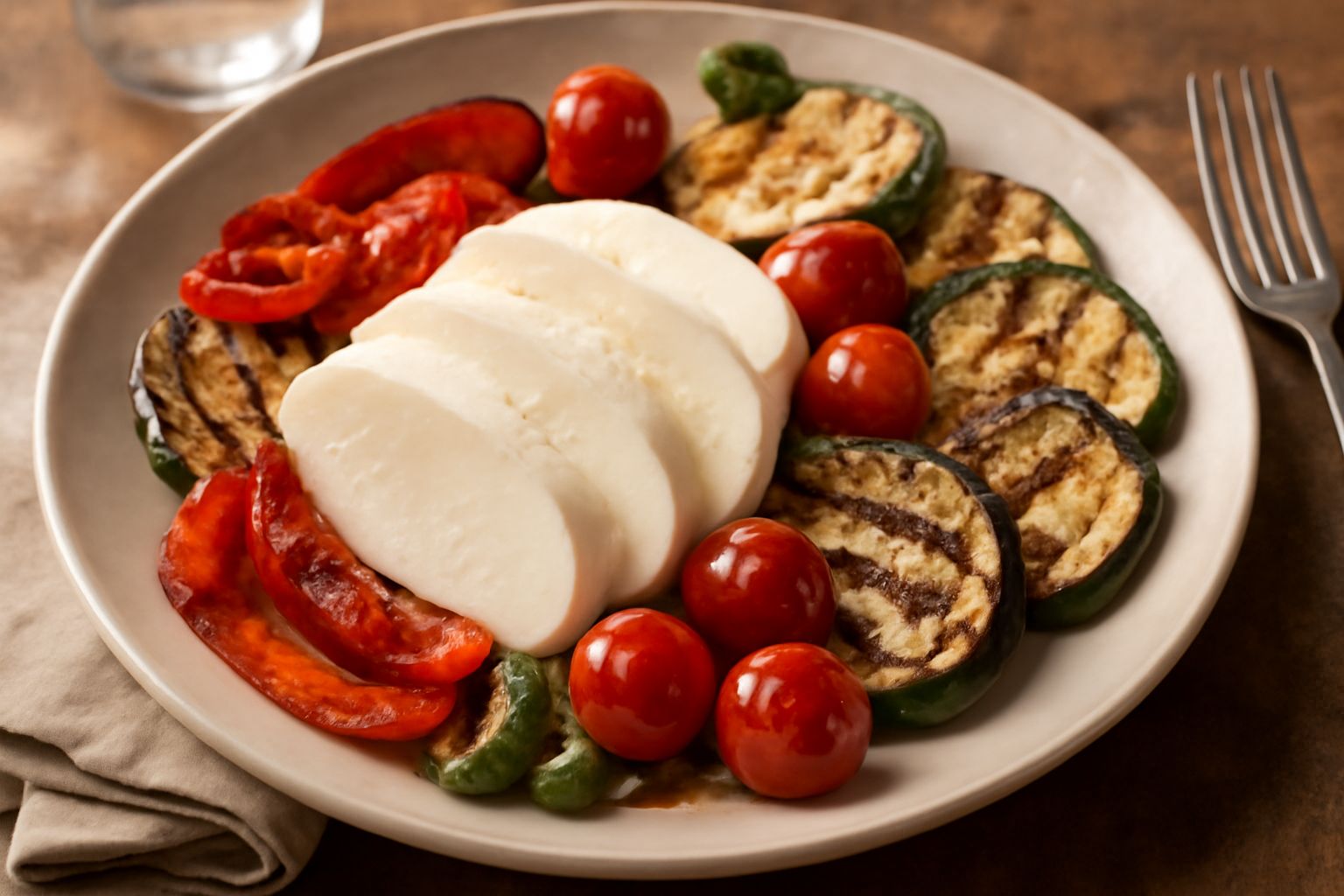 Caciotta fresca bianca tagliata in fette spesse su un piatto bianco, circondata da pomodori ciliegini tagliati a metà, zucchine grigliate color verde scuro, melanzane morbide, rucola fresca e radicchi