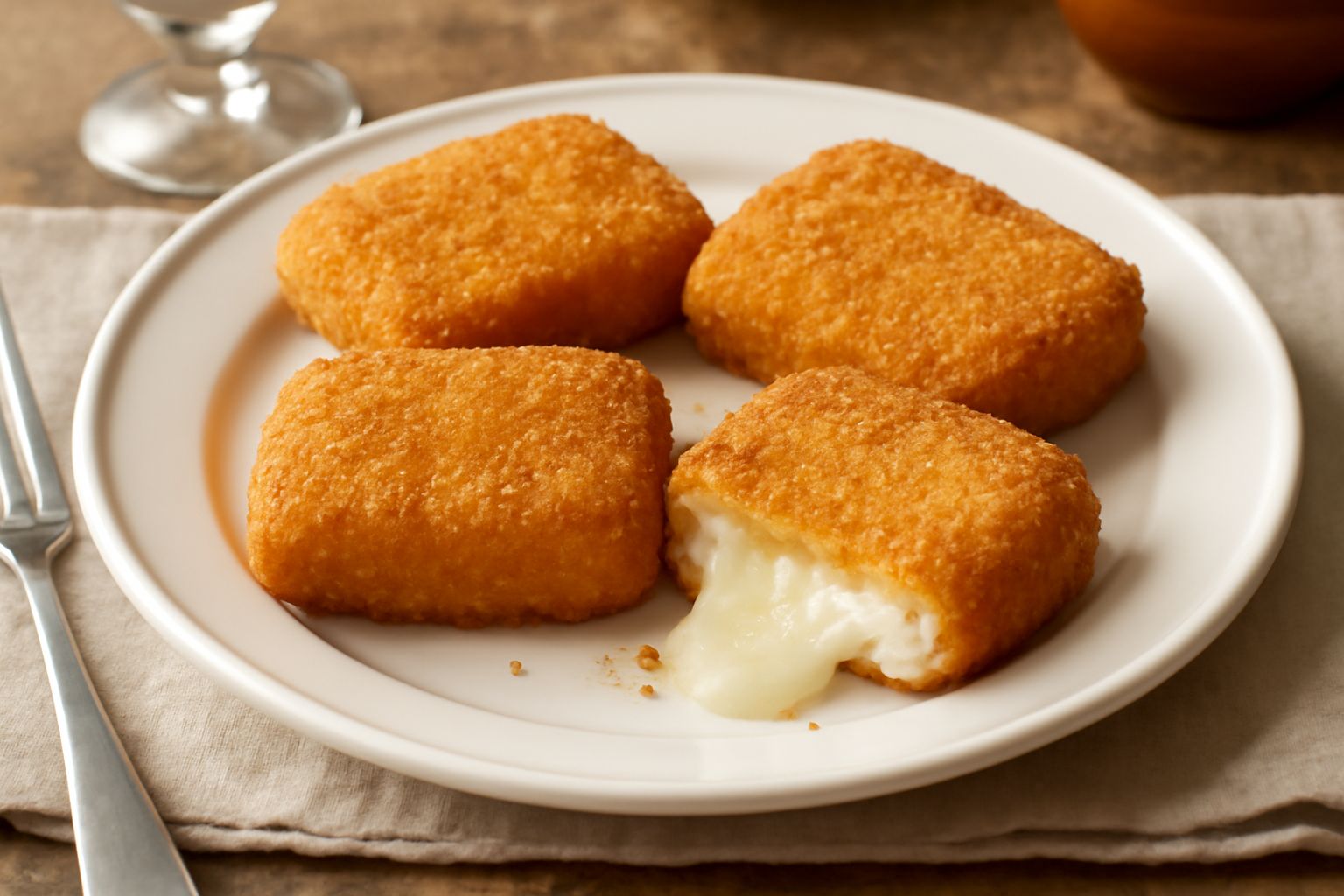 Tre fette di caciotta fritta dorate e croccanti disposte su carta assorbente, con il formaggio che filava leggermente visibile dal taglio, contornate da limone e prezzemolo fresco