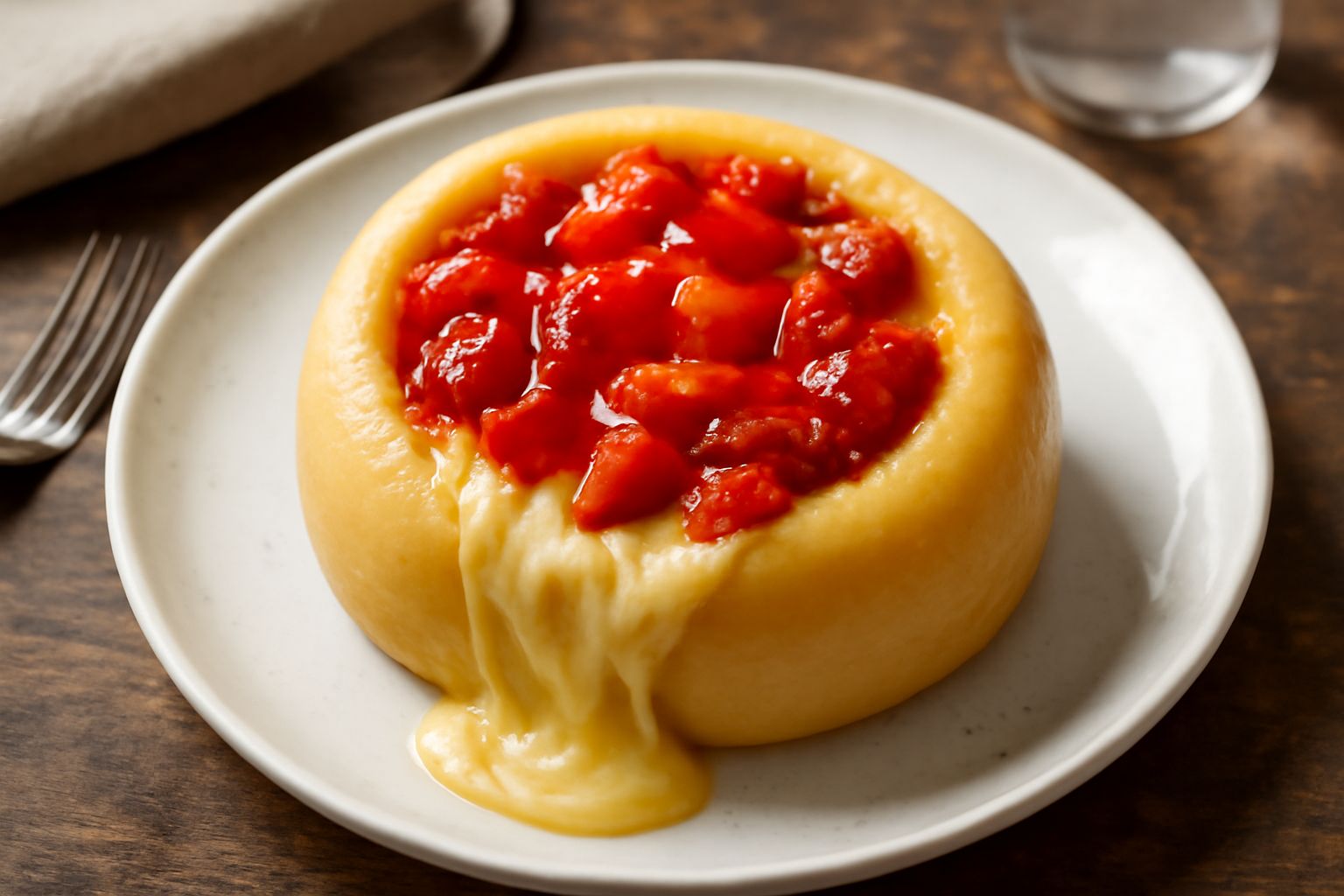 Una caciotta di forma rotonda, scavata al centro, colma di verdure bruciate dorate e formaggio filante che fuoriesce dal buco. Servita nel piatto bianco con spicchi di pane tostato accanto.