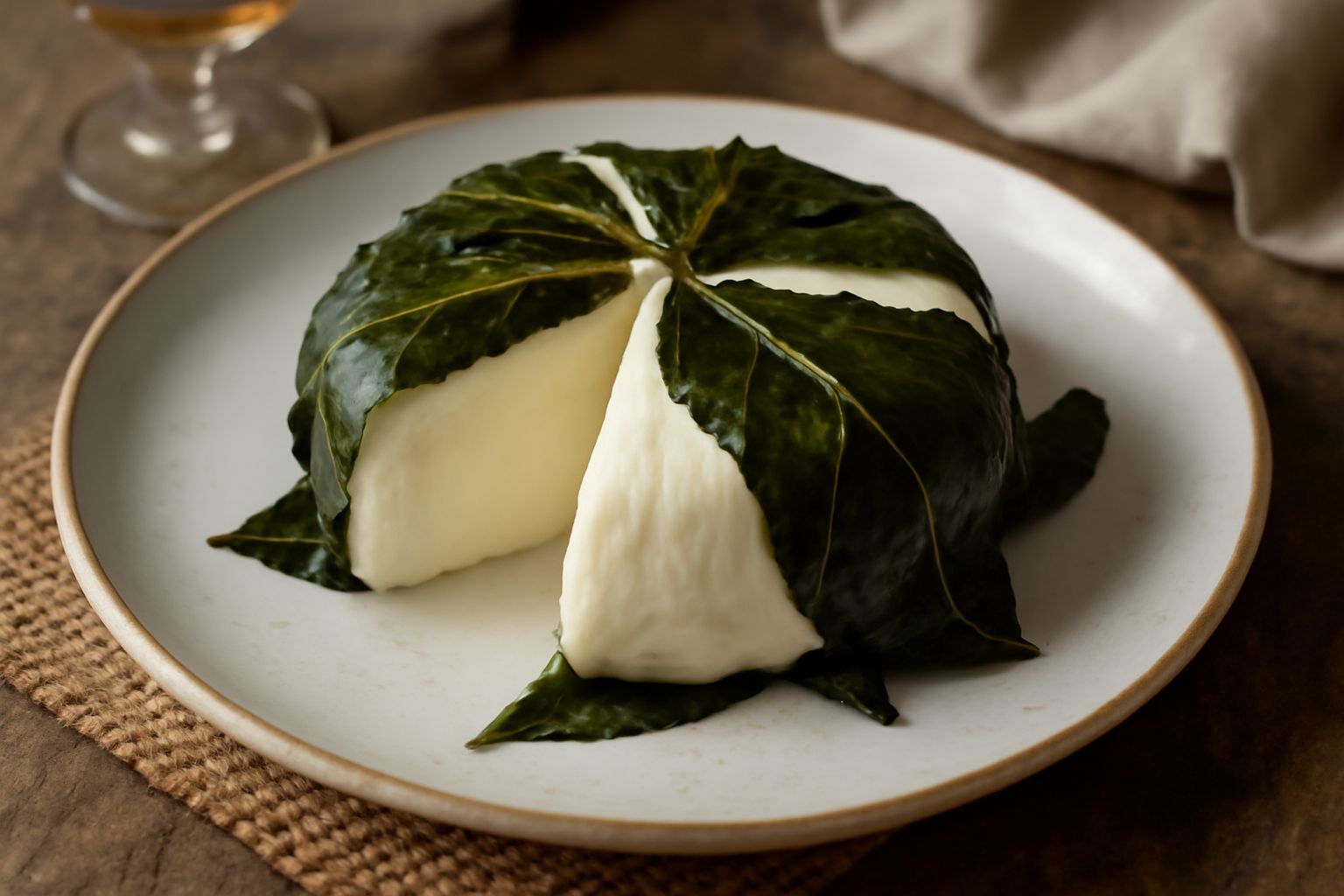 Caciotta morbida di colore bianco crema avvolta in foglie di noce verdi scure, posata su un tagliere di legno con noci sgusciate intorno e un coltello per il formaggio