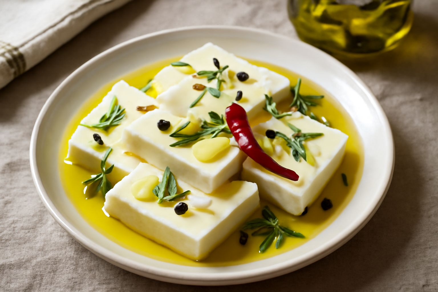 Vasetto di vetro con caciotta bianca a fette immerse in olio trasparente dorato, con foglie di rosmarino, peperoncino e aglio, illuminato dalla luce naturale su sfondo di lino bianco
