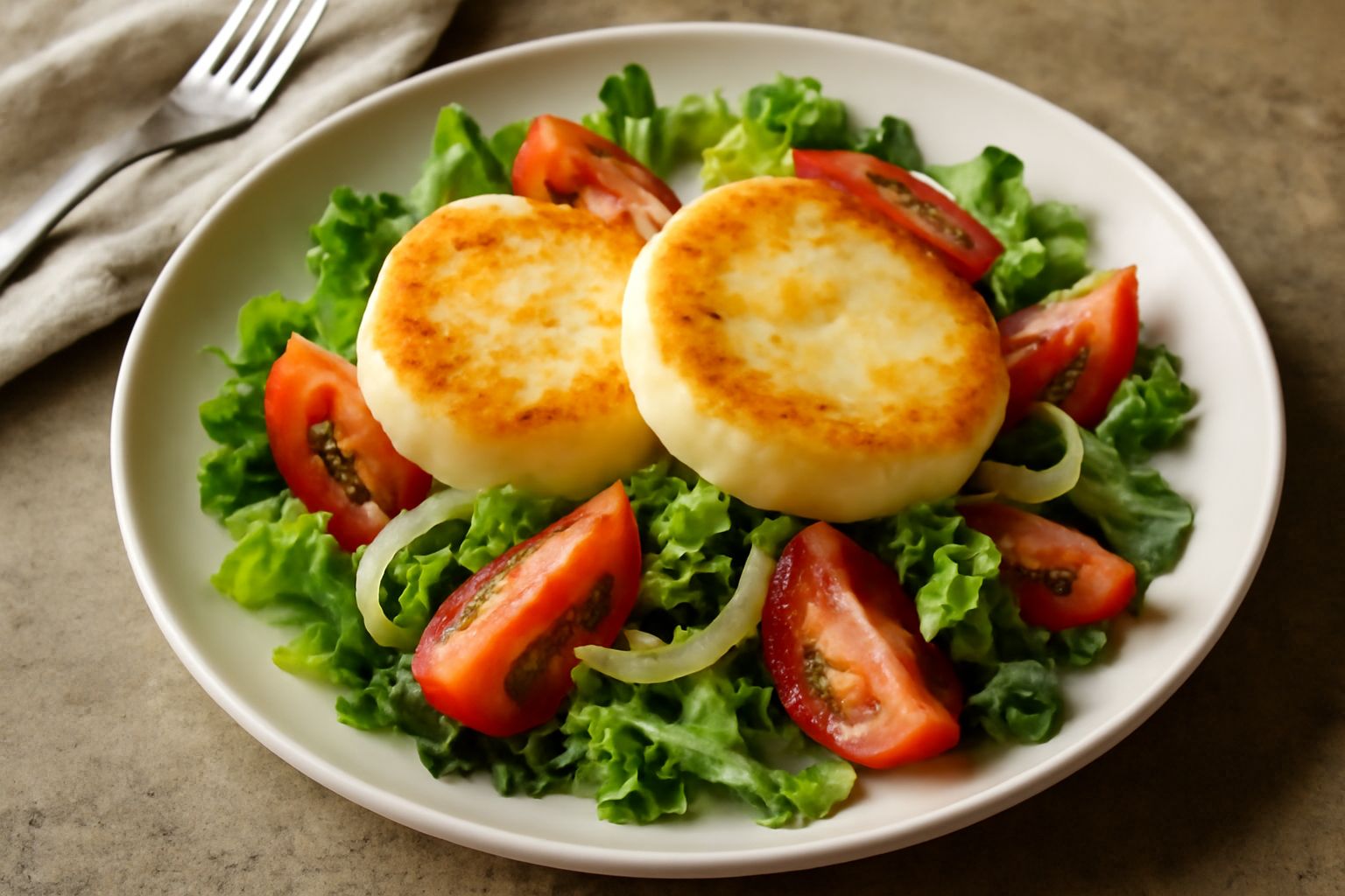 Piatto bianco con insalata di lattuga verde e rossa, pomodori rossi, cipolla bianca affettata sottile, e fette di caciotta dorata e tiepida sparse in cima, condite con olio e aceto balsamico