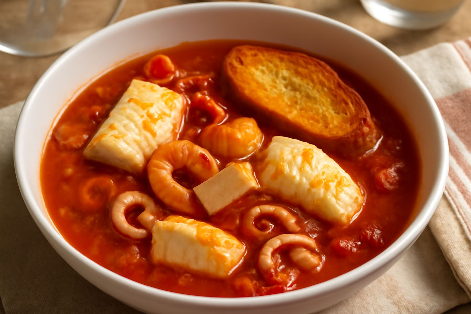 Zuppa di pesce in ciotola fonda di ceramica bianca, con branzino, seppie e gamberetti visibili in un brodo rosso scuro al pomodoro, con fette di pane tostato ai bordi, prezzemolo fresco sparso in supe