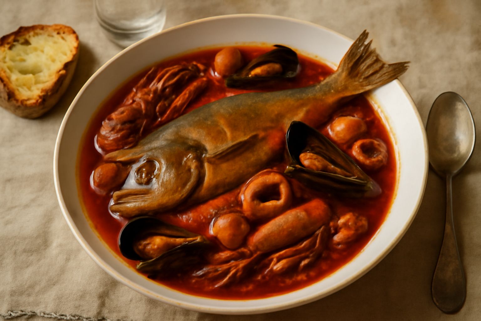 Zuppa di pesce caciucco in ciotola bianca con polpo, vongole e brodo scuro, servita con pane tostato a lato e erbe fresche di prezzemolo