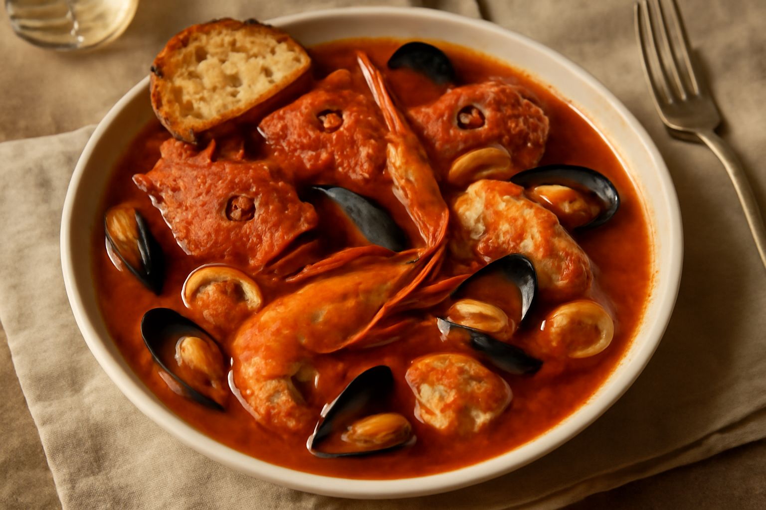 Una ciotola di caciucco fumante con pezzi di pesce, calamari e molluschi in brodo rosso, guarnita di prezzemolo fresco e servita con fette di pane tostato. Colori arancione e rosso, vapore visibile, c