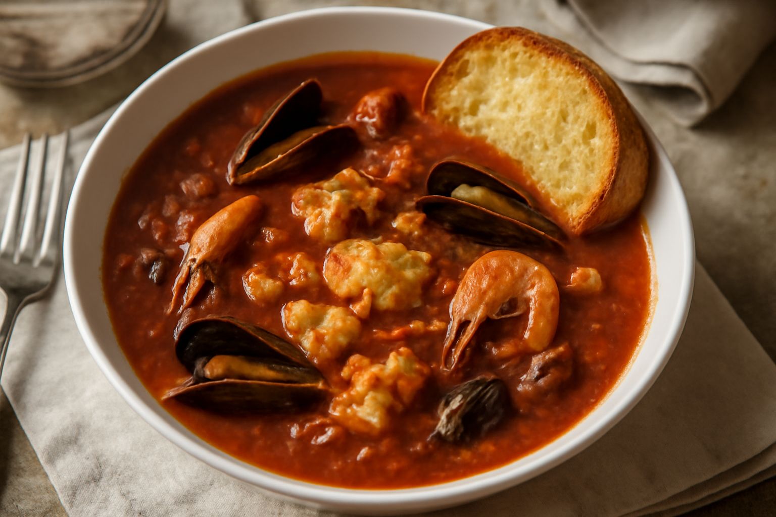 Una ciotola di caciucco con brodo rosso scuro, pezzi di pesce bianco, gamberi grigi e crostacei piccoli, servito con fette di pane tostato in un piatto di ceramica bianca