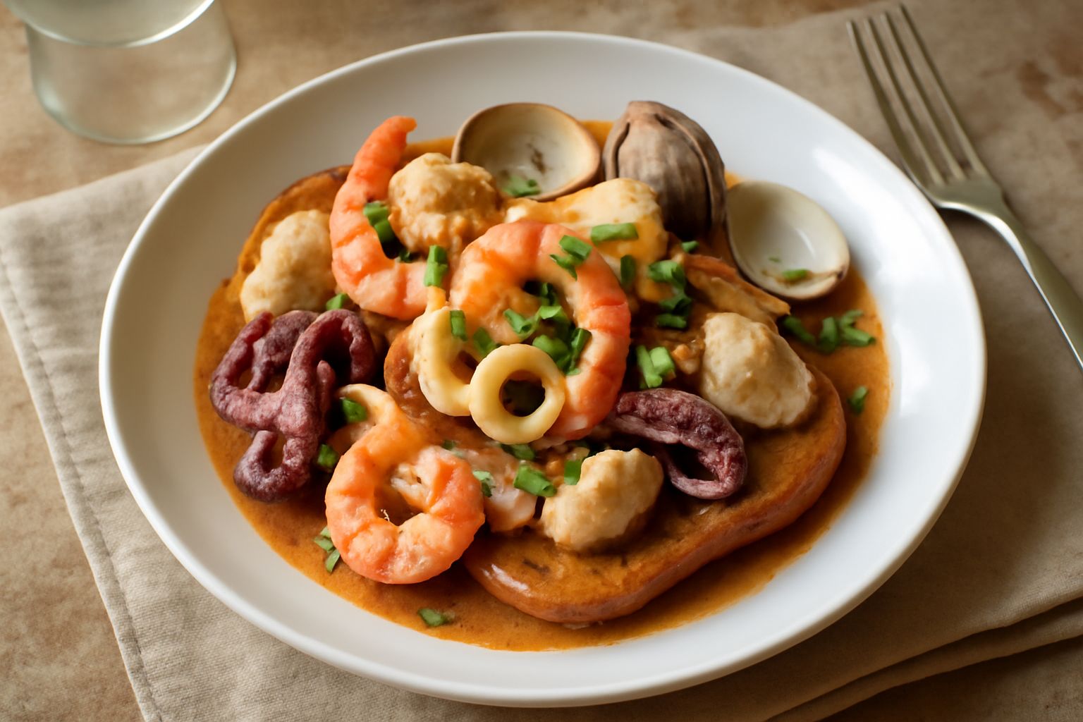 Ciotola di caciucco freddo con vari tipi di pesce, pomodori rossi, prezzemolo verde, crostini di pane tostato su tavolo di legno chiaro illuminato da luce naturale