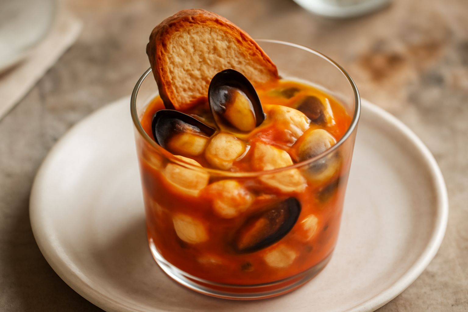 Bicchiere trasparente riempito di caciucco con brodo rosso-arancio, pezzi di pesce bianco, frutti di mare, pomodoro visibile, gamberetto rosa in superficie, crostini tostati poggiati sul bordo del bic