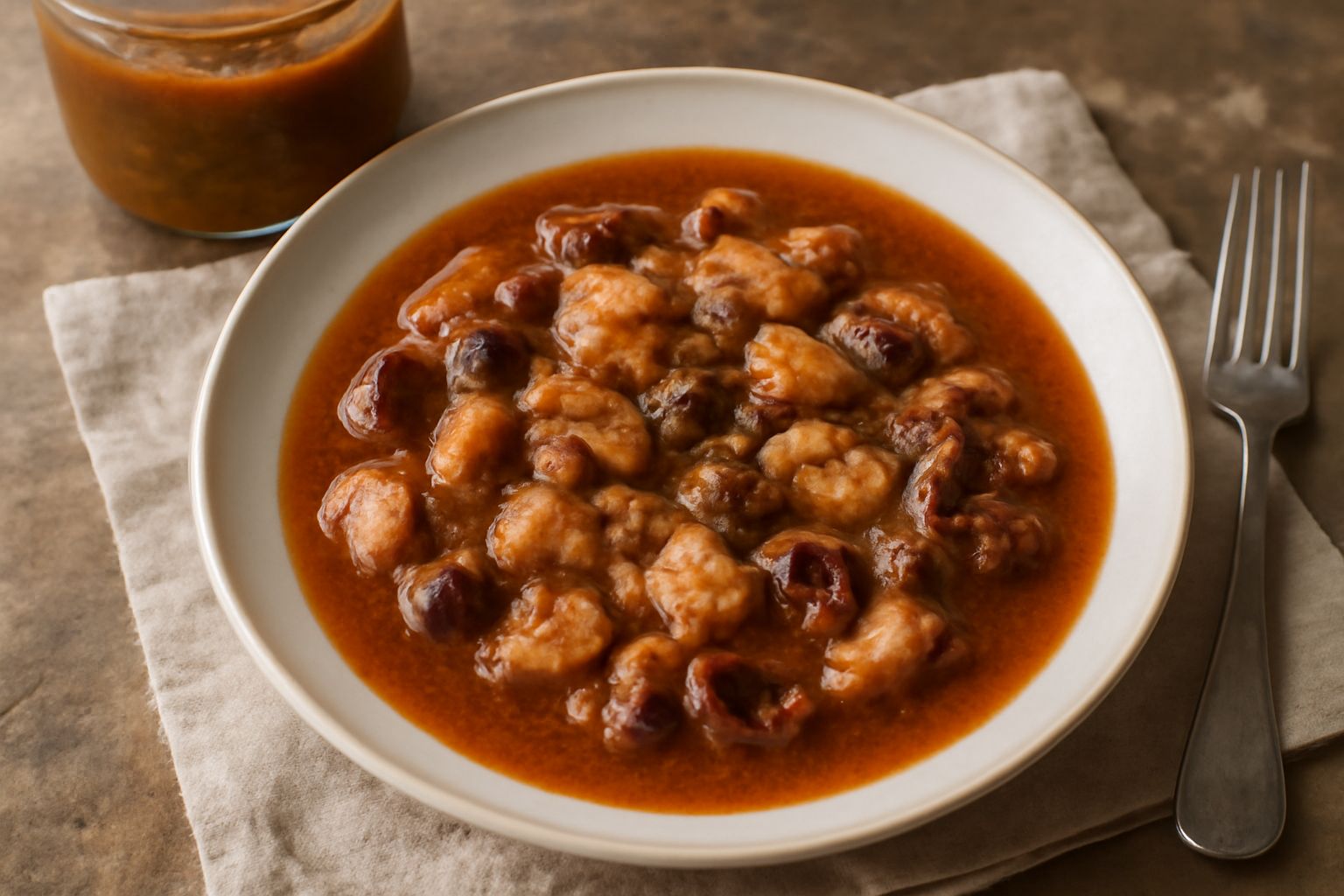 Barattoli di vetro trasparente pieni di caciucco con brodo rosso scuro, pezzi visibili di pesce, calamari e crostacei, coperchi ermetici, disposti su una superficie di legno chiaro accanto a aglio e p