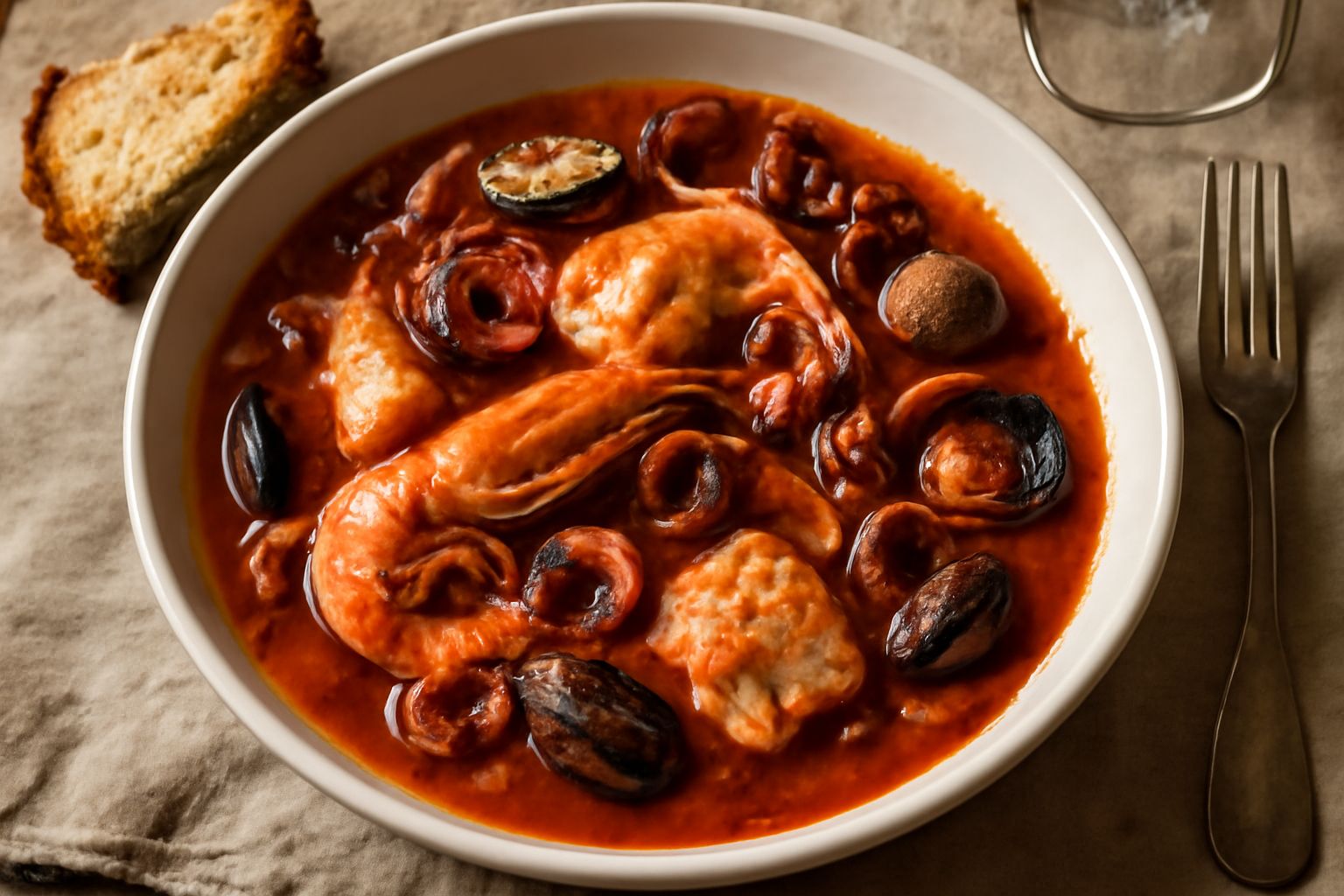 Zuppa di pesce in terracotta con calamari, vongole, gamberi e branzino in brodetto rosso, pane tostato appoggiato sul bordo