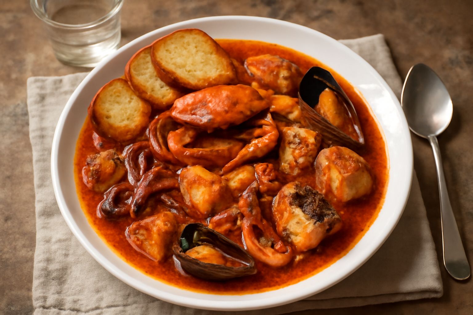 Zuppa di pesce caciucco in ciotola di ceramica bianca, con pezzi di pesce visibili, brodo ricco e rosso, fetta di pane tostato sul bordo, cucchiaio di legno dentro