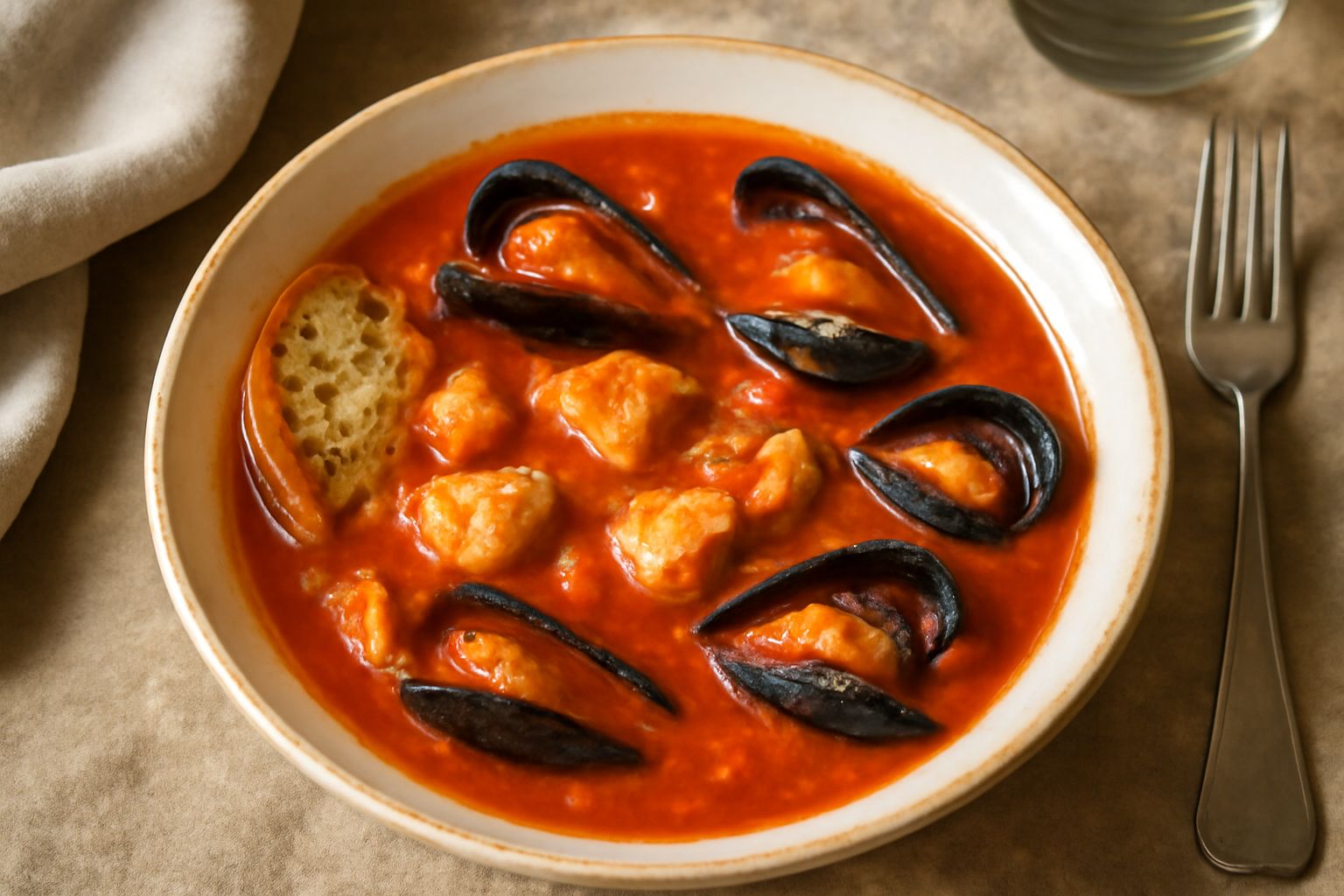 Ciotola di caciucco marchigiano con brodo rosso-arancione, pezzi di pesce bianco, cozze aperte, vongole, pomodori, servito su fette di pane tostato grigio, con pepe nero e prezzemolo verde in superfic