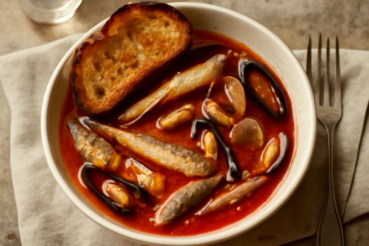 Brodetto rosso in ciotola di ceramica con vongole, cozze e filetti di pesce bianco visibili nel brodo, fetta di pane tostato sul bordo, prezzemolo fresco tritato in superficie