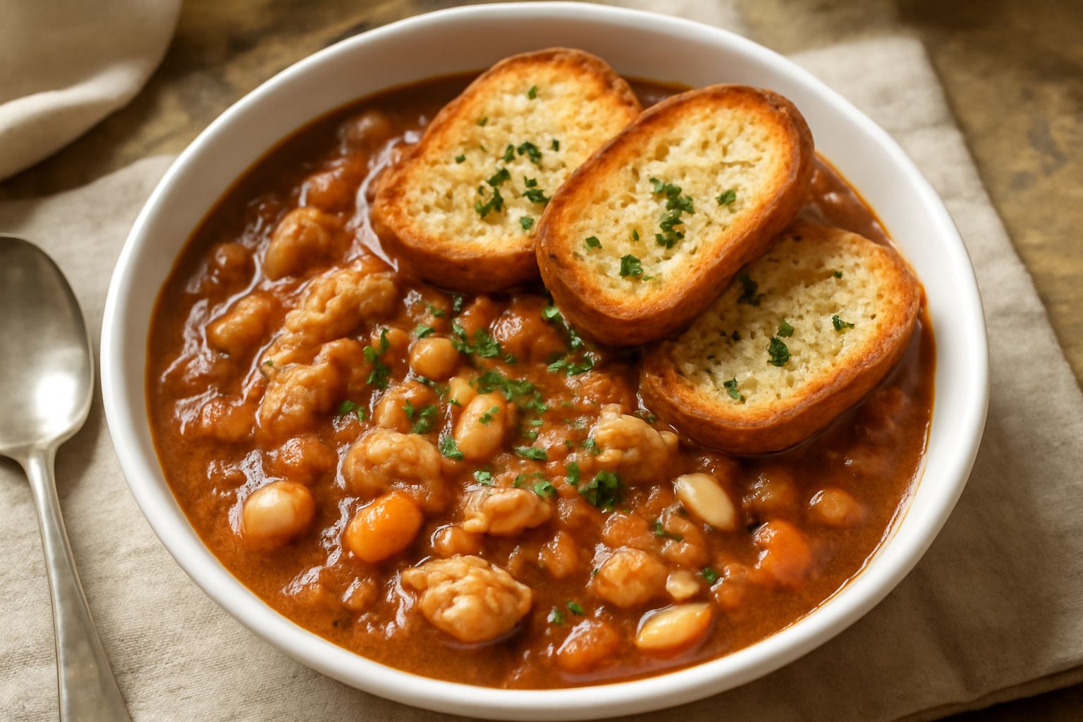 Zuppa di pesce marrone-rossastra in ciotola di ceramica con fette di pane tostato galleggianti, prezzemolo fresco sparso in superficie, brodo denso visibile, porzione fumante servita su tavolo rustico