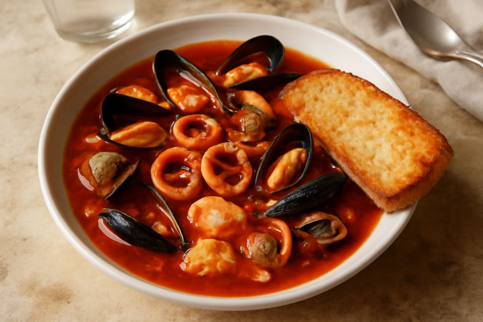 Zuppa di pesce in ciotola bionda, con calamari bianchi e rossi, vongole, cozze nere aperte, brodo rosso di pomodoro, prezzemolo verde sopra, pane tostato a fianco