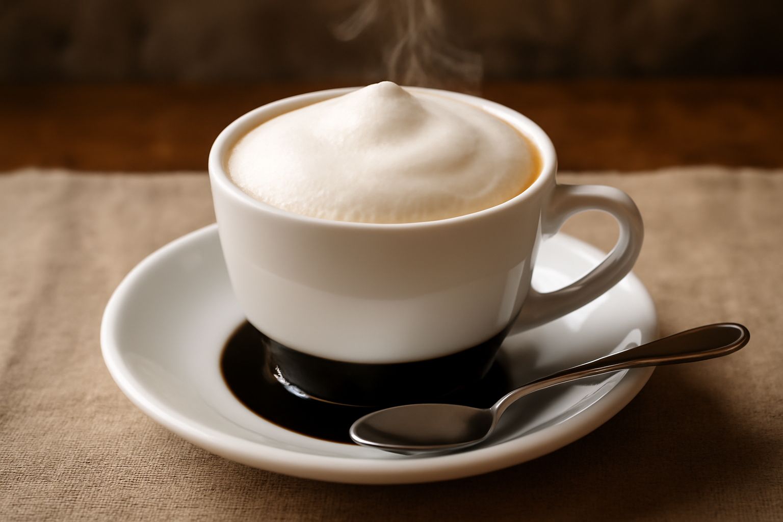 Una tazza bianca con caffè scuro e una generosa montagna di schiuma di latte bianca e cremosa, vapore che sale, biscotto lungo il bordo, sfondo sfocato di cucina