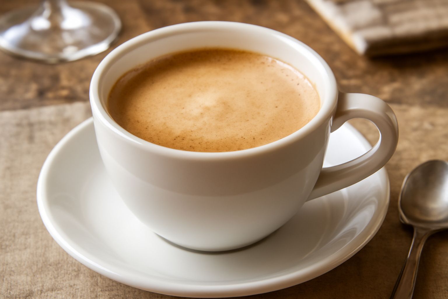 Tazza di ceramica bianca con caffè alla pugliese di colore nocciola scuro, schiuma cremosa in superficie, latte tiepido aggiunto sopra il caffè ristretto, servito su piattino con cucchiaino