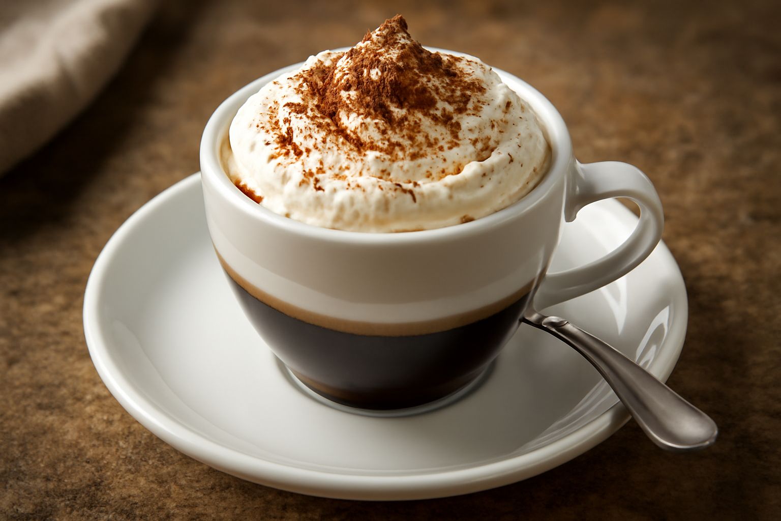 Tazza bianca con caffè espresso scuro coperto da panna montata bianca e densa, spolverato di cacao in polvere marrone scuro