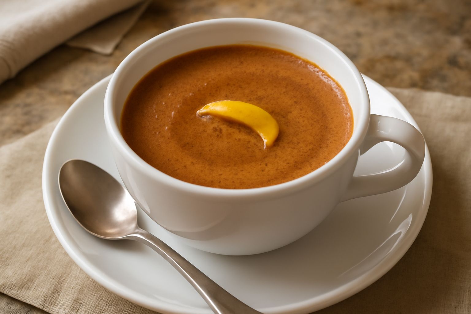 Tazza bianca di caffè alla sarda con schiuma cremosa marrone chiaro in superficie, decorata con una fettina sottile di scorza di limone fresca sul bordo, caffettiera moka di acciaio sullo sfondo sfoca
