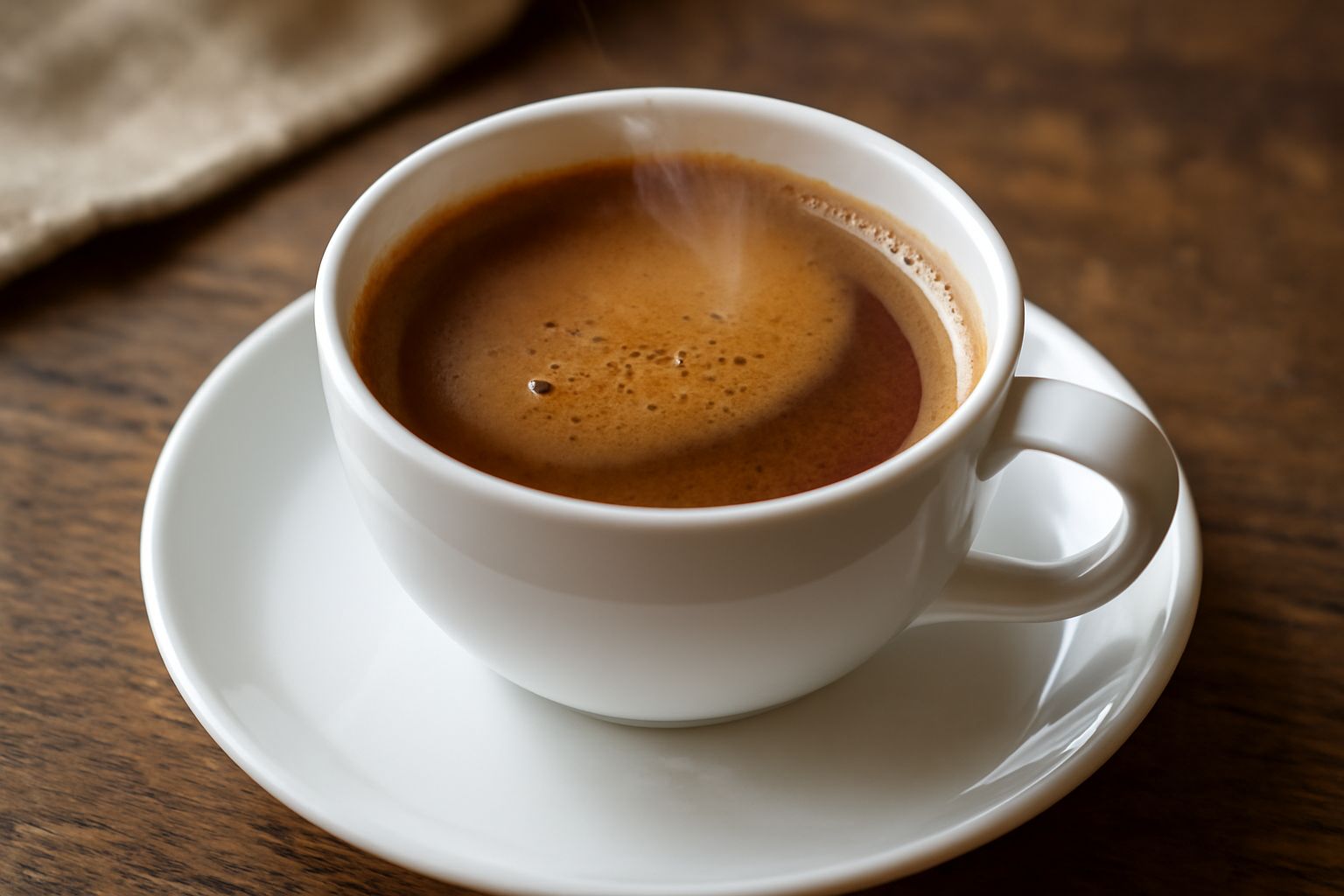 Tazza di ceramica bianca con caffè scuro e schiuma sottile, vapore caldo, cucchiaio di metallo a lato, sfondo grigio naturale