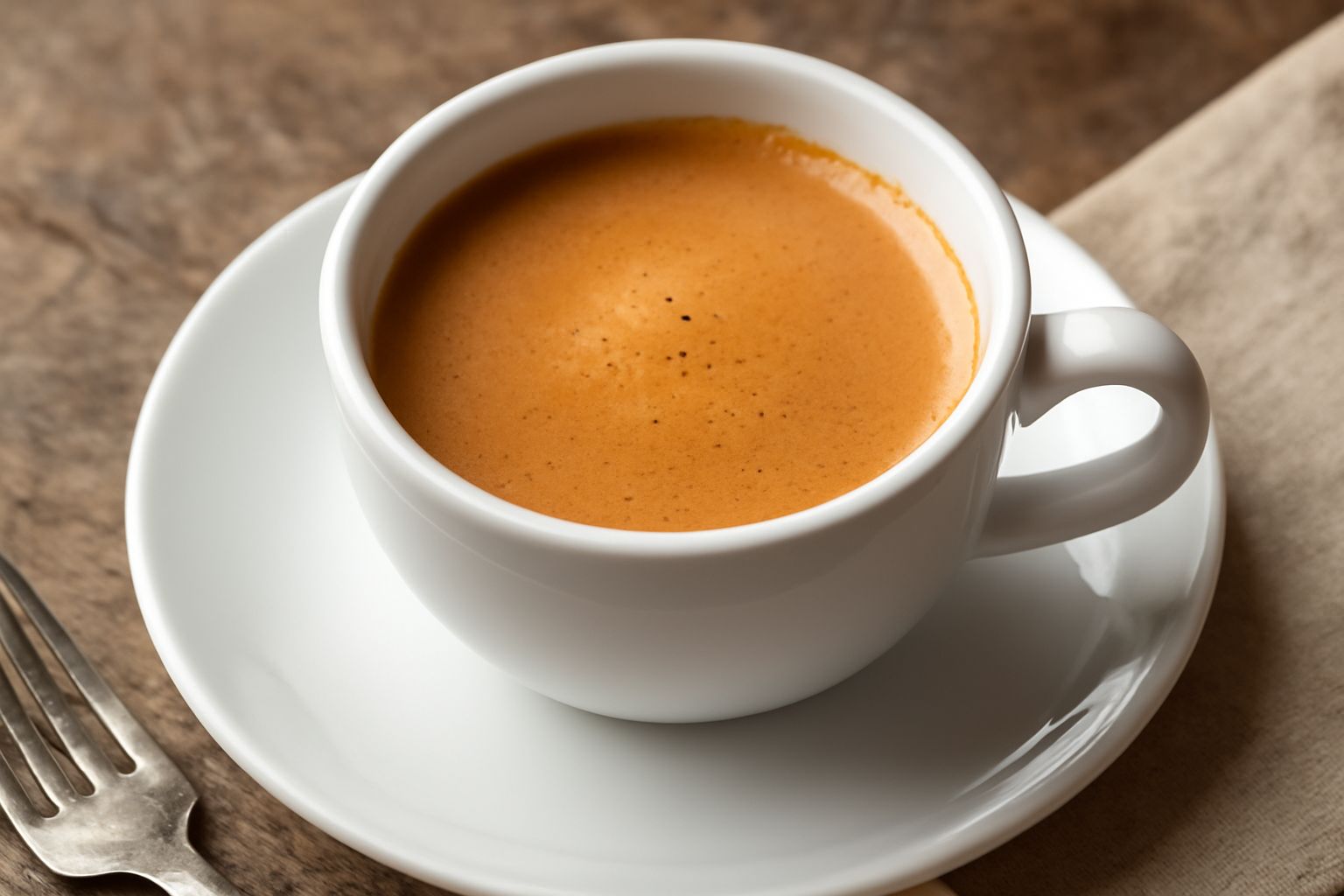 Una tazza di caffellatte con rosolio, colore marrone nocciola cremoso, servita in una tazza bianca da caffè con piattino, vapore caldo visibile, cucchiaio d'argento poggiato sul piattino, sfondo neutr