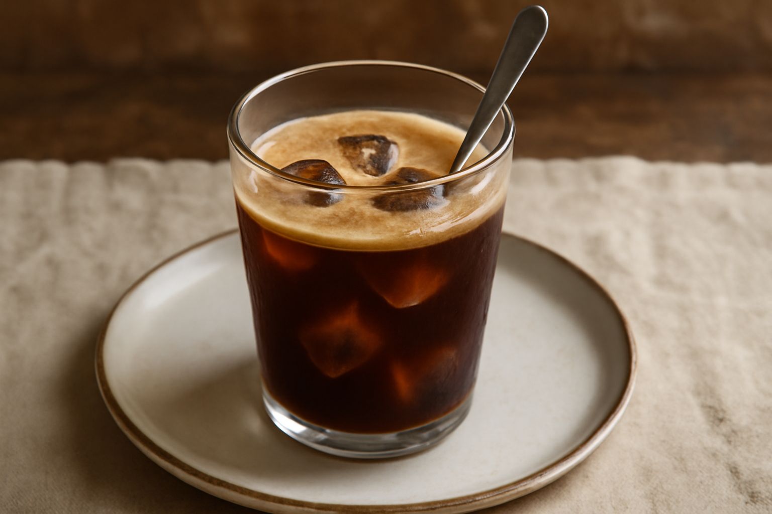 Bicchiere trasparente con caffè scuro e ghiaccio trasparente, schiuma leggera sulla superficie, cucchiaio lungo dentro, tavolo in legno chiaro con luce naturale