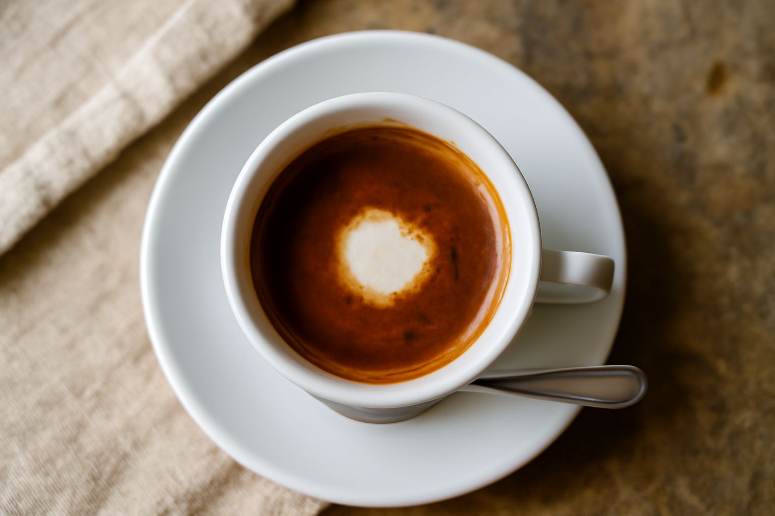 Tazza di caffè scuro con una goccia di latte caldo che crea una venatura cremosa bianca sulla superficie, servito su piattino bianco con biscotto