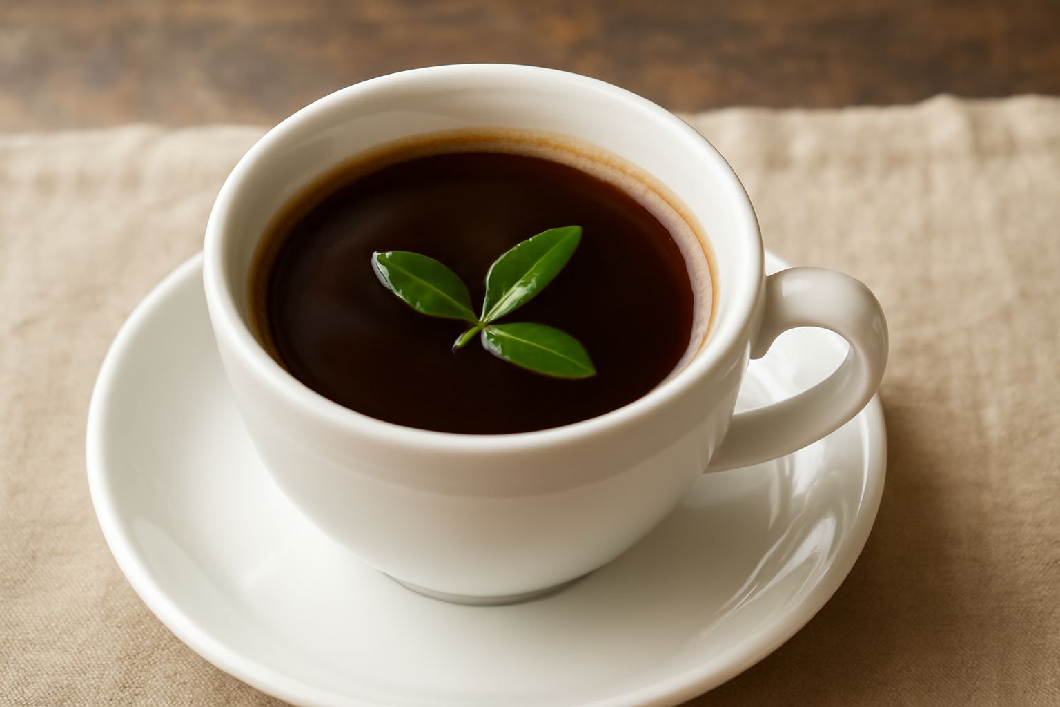 Una tazza di caffè scuro con superficie lucida, con due o tre foglioline di mirto verde appoggiate sul bordo interno, vapore leggero che sale, fondo bianco del piatto