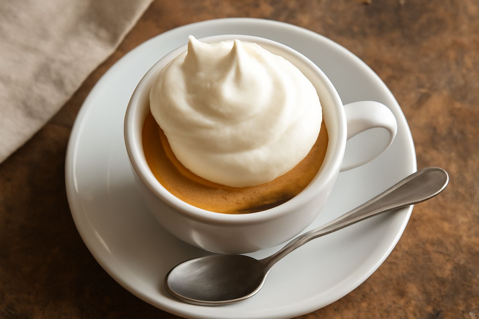 Tazza in ceramica bianca con caffè espresso scuro e un ciuffo di panna fresca montata in cima, vapore che sale dal caffè, cucchiaino d'argento accanto
