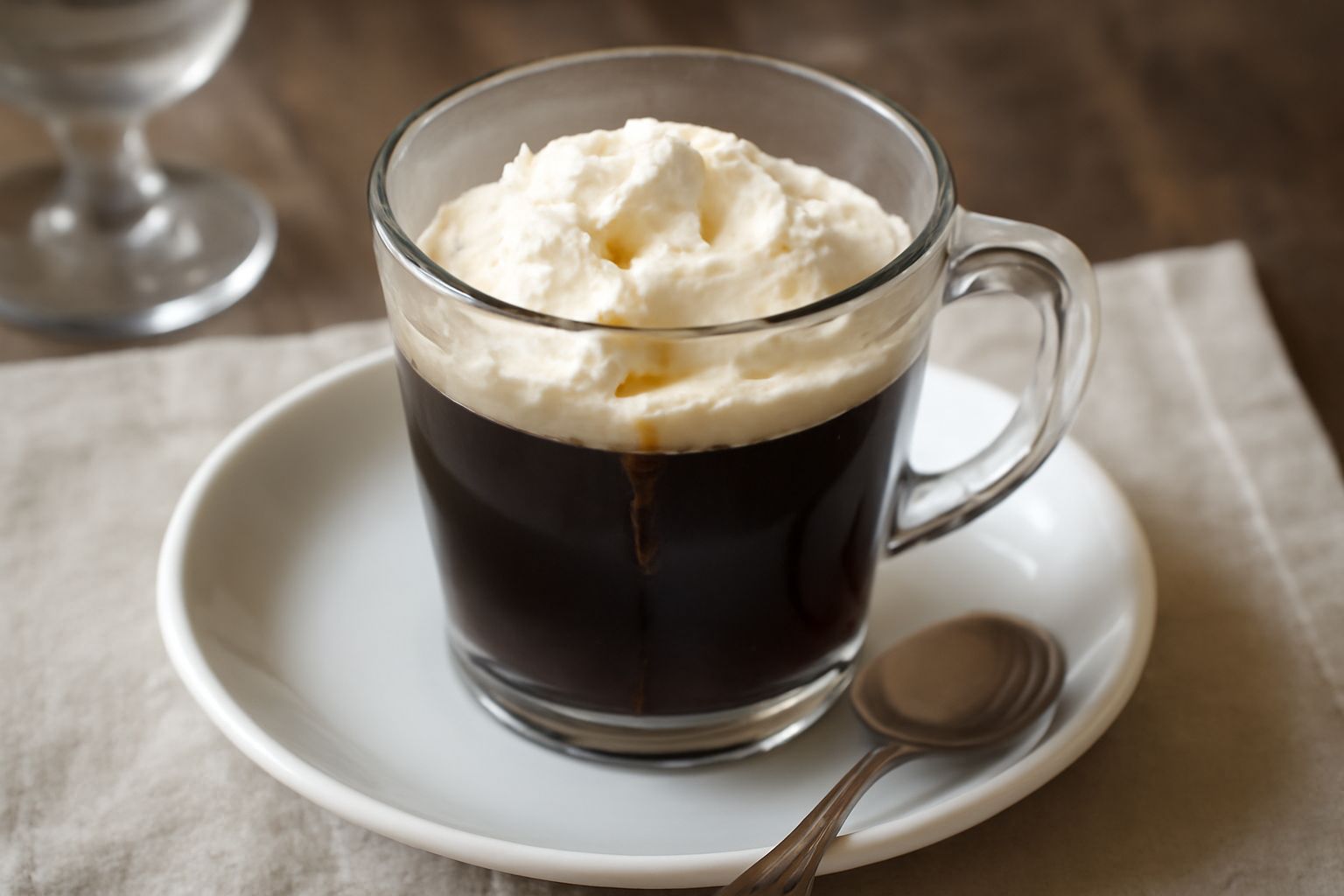 Tazza di vetro riempita di caffè scuro con un cucchiaio di panna montata bianca in cima, vapore che sale dalla bevanda, sfondo sfocato di cucina calda, rhum in bottiglia sullo sfondo