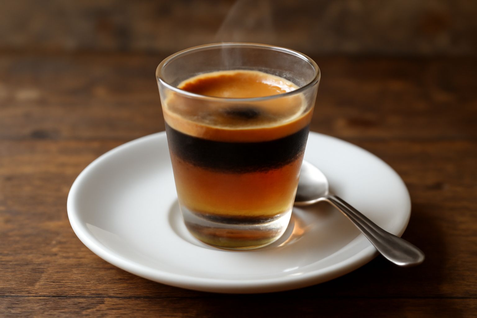 Bicchierino trasparente con caffè espresso marrone scuro e una goccia di amaro color ambra che si diffonde, servito su un sottobicchiere bianco con cucchiaio piccolo accanto