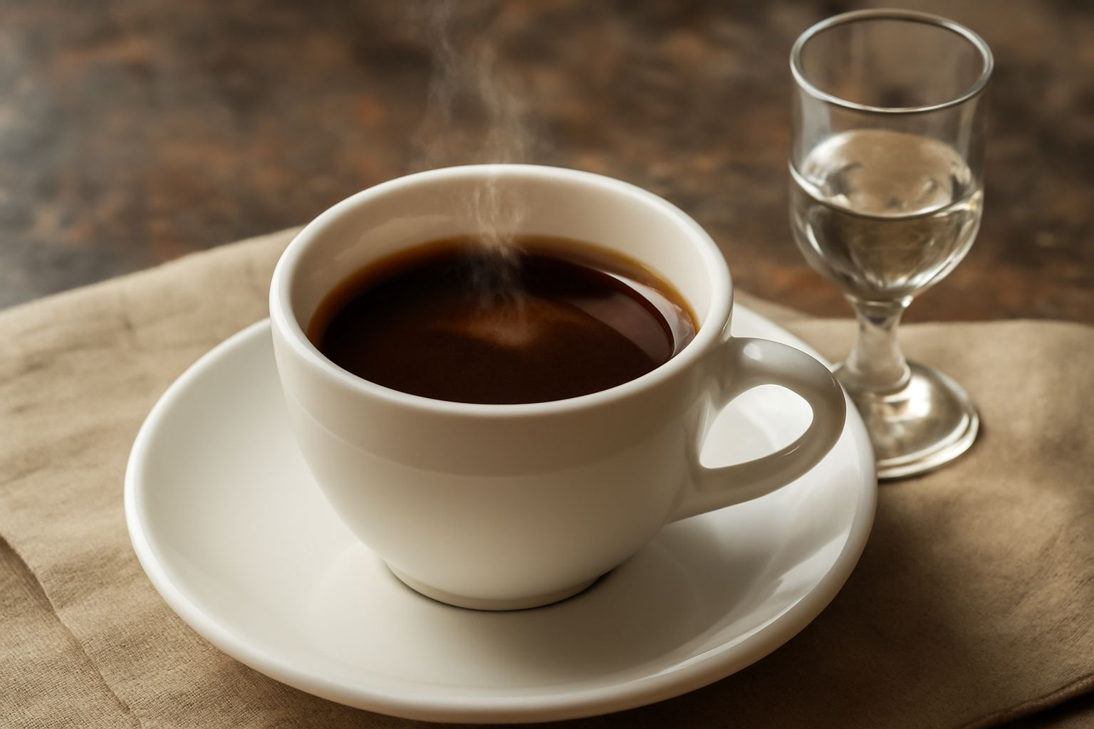 Tazza di caffè espresso scuro fumante con alone caldo, grappa versata nel caffè che crea leggere striature ambrate, servito su piattino bianco con manico in ceramica