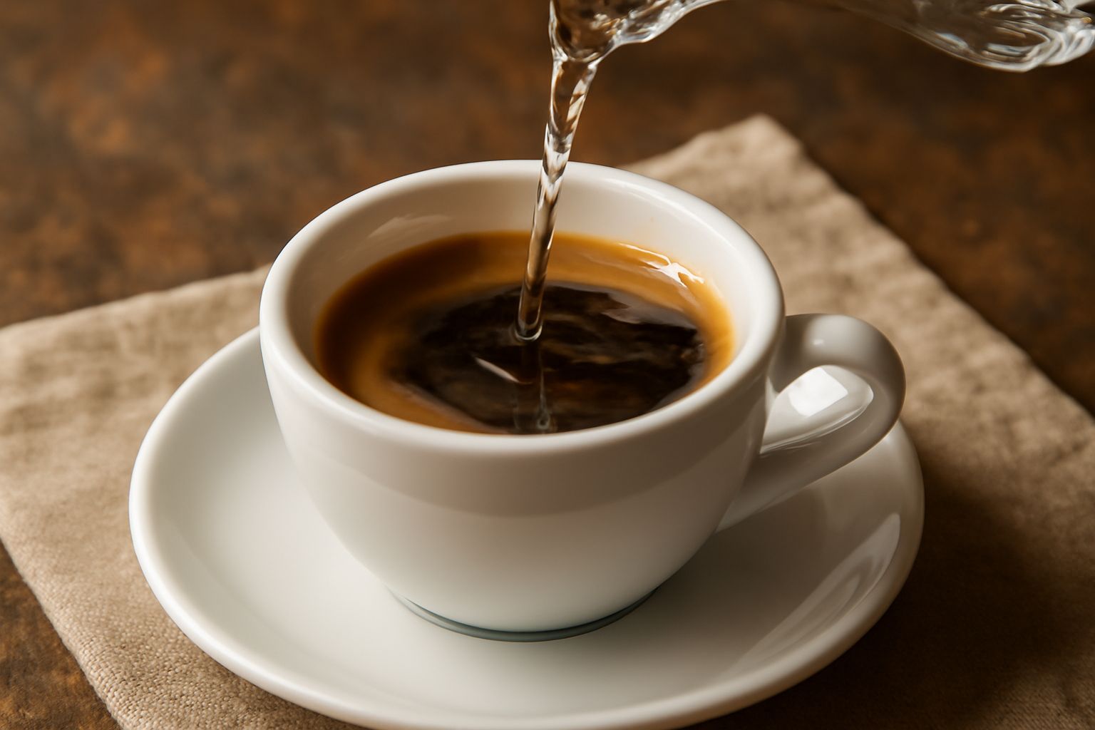 Tazza di caffè espresso fumante con liquore trasparente versato, vapore che sale dalla superficie, su tavolo di legno scuro con chicchi di caffè sparsi e una bottiglia di grappa sullo sfondo