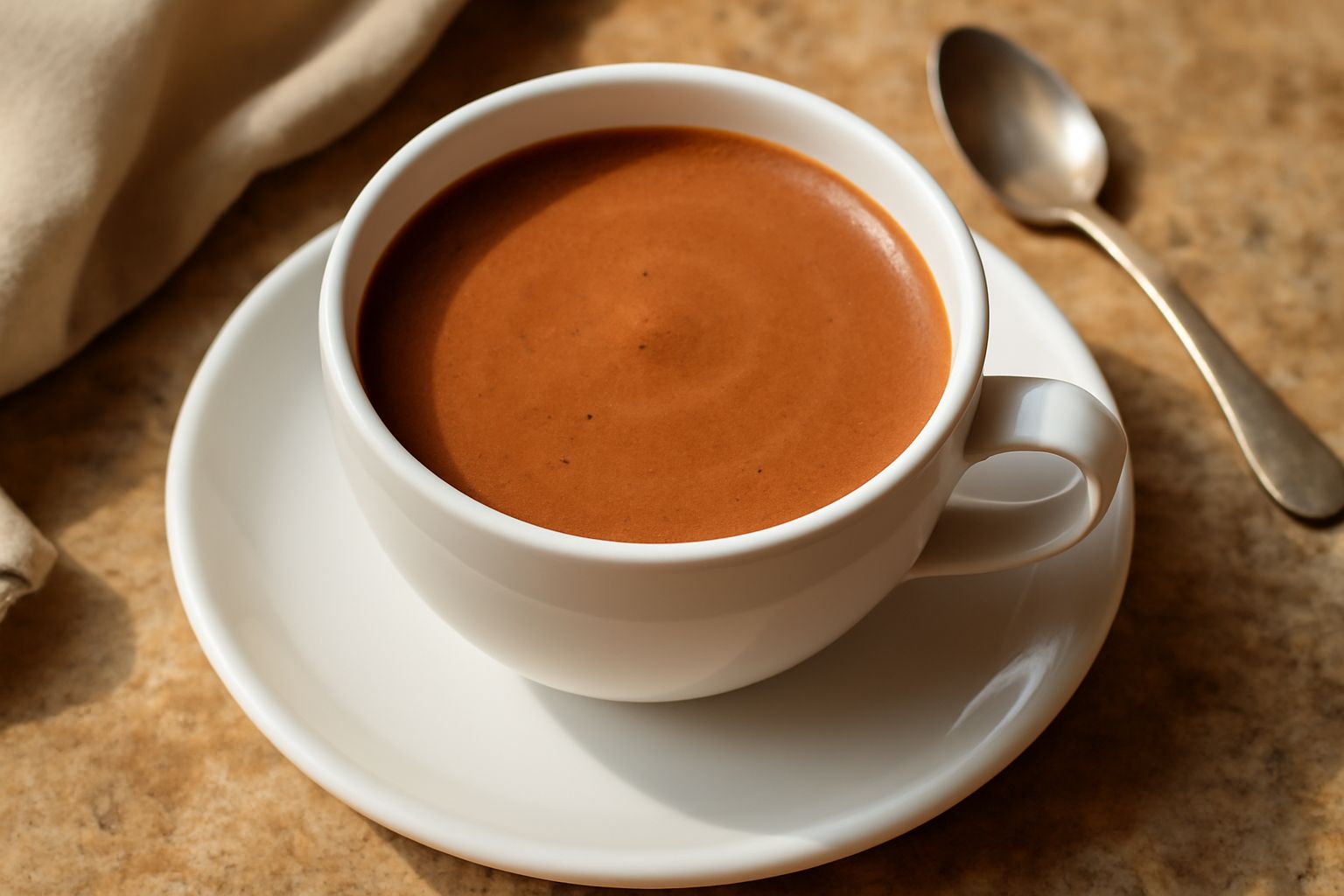 Una tazza bianca ricolma di caffè cremoso color marrone scuro con una leggera schiuma in superficie, accompagnato da chicchi di caffè e un quadratino di cioccolato fondente su un piattino