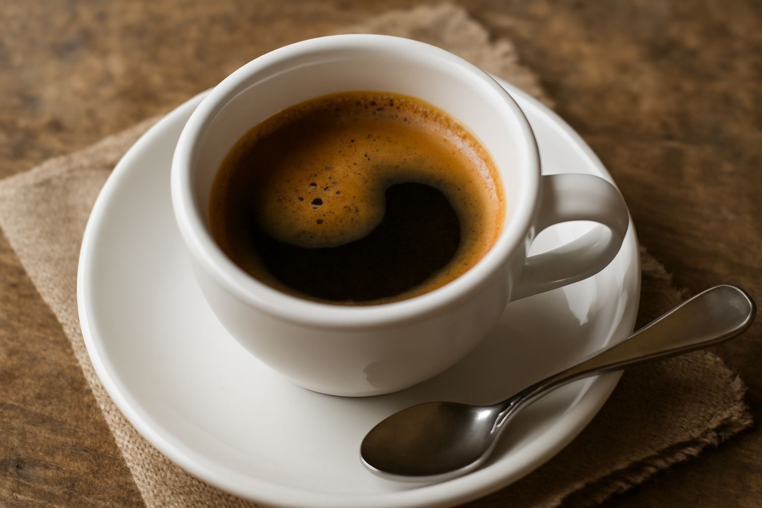 Una tazza di ceramica bianca riempita di caffè scuro e cremoso, con una sottile schiuma in superficie, e sullo sfondo una moka argentata con manico rosso su un fornello