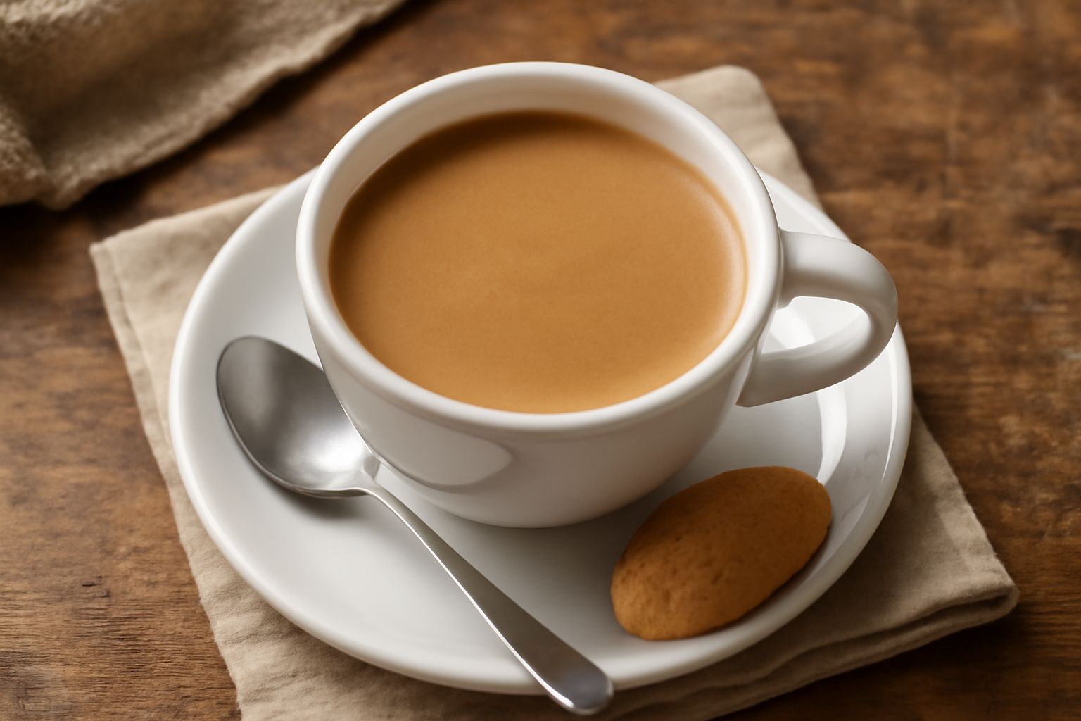 Una tazza di ceramica bianca ricolma di caffè della nonna, cremoso e marrone chiaro, con un cucchiaio di metallo appoggiato sul piattino, su un tavolo di legno naturale con una caffettiera moka sullo 