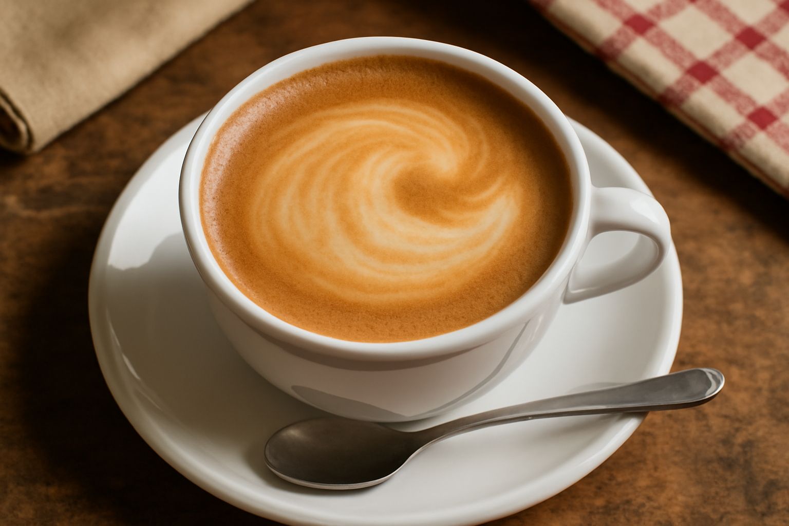 Tazza bianca con caffè della valle: caffè espresso scuro ricoperto da schiuma di latte beige chiaro, servito su piattino di ceramica con cucchiaio d'argento, su sfondo di legno naturale