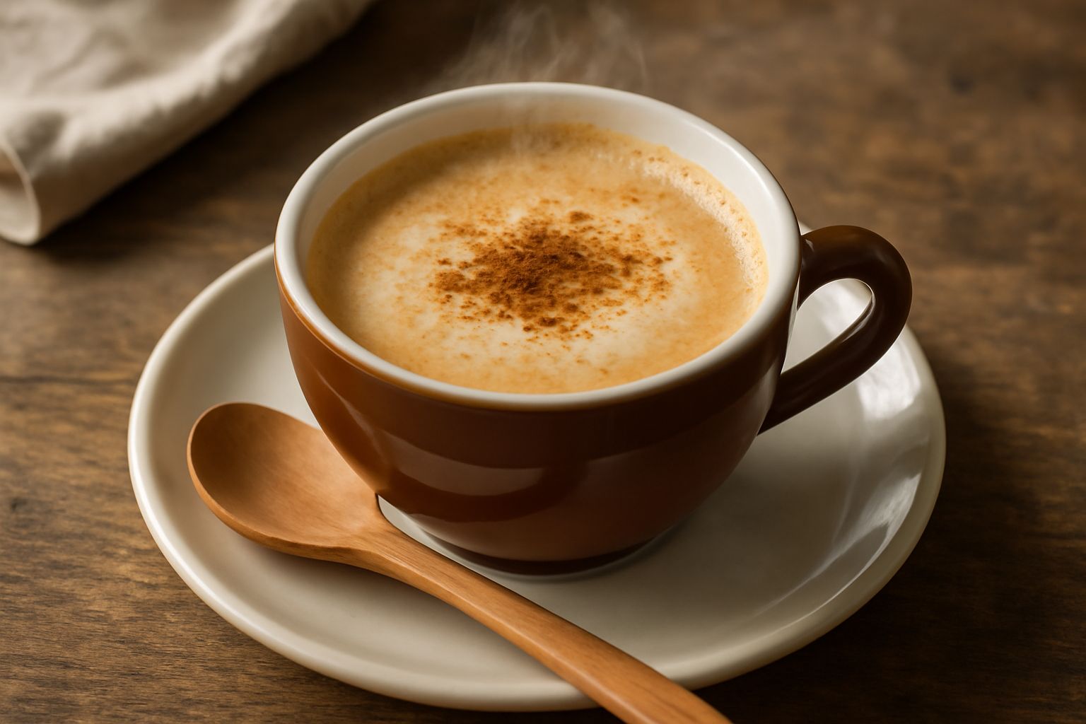 Tazza bianca di porcellana con caffè color nocciola fumante, una spolverata di cannella in polvere sulla superficie, cucchiaio di legno poggiato al bordo, piatto sottotazza con bordo azzurro, sfondo d