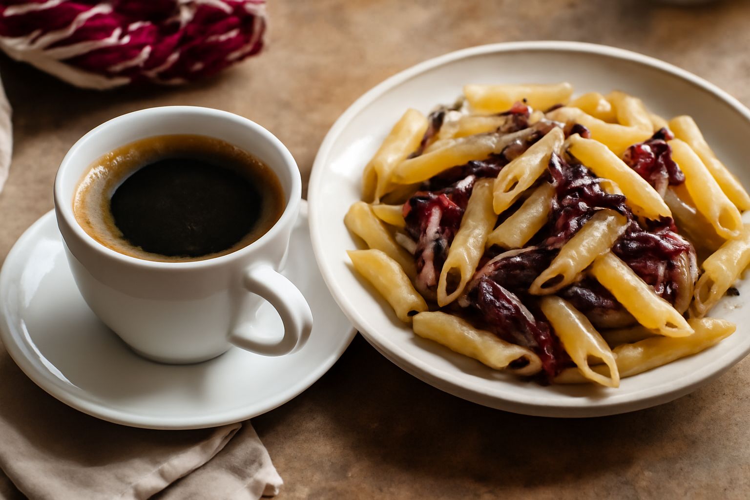 Tazza di caffè di cicoria color marrone scuro con schiuma leggera, servita su piattino bianco con biscotti secchi, accanto a radice di cicoria fresca
