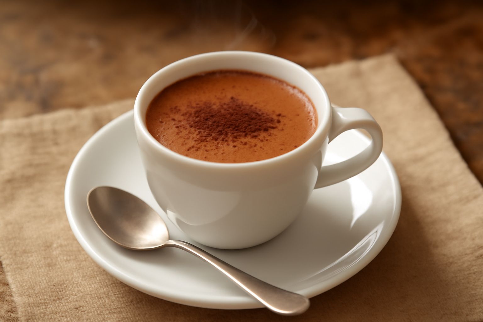 Tazza di ceramica bianca con caffè di Melfi cremoso di colore marrone scuro, guarnito con polvere di cacao, vapore caldo che sale dalla superficie, cucchiaino in acciaio sul piattino, sfondo neutro