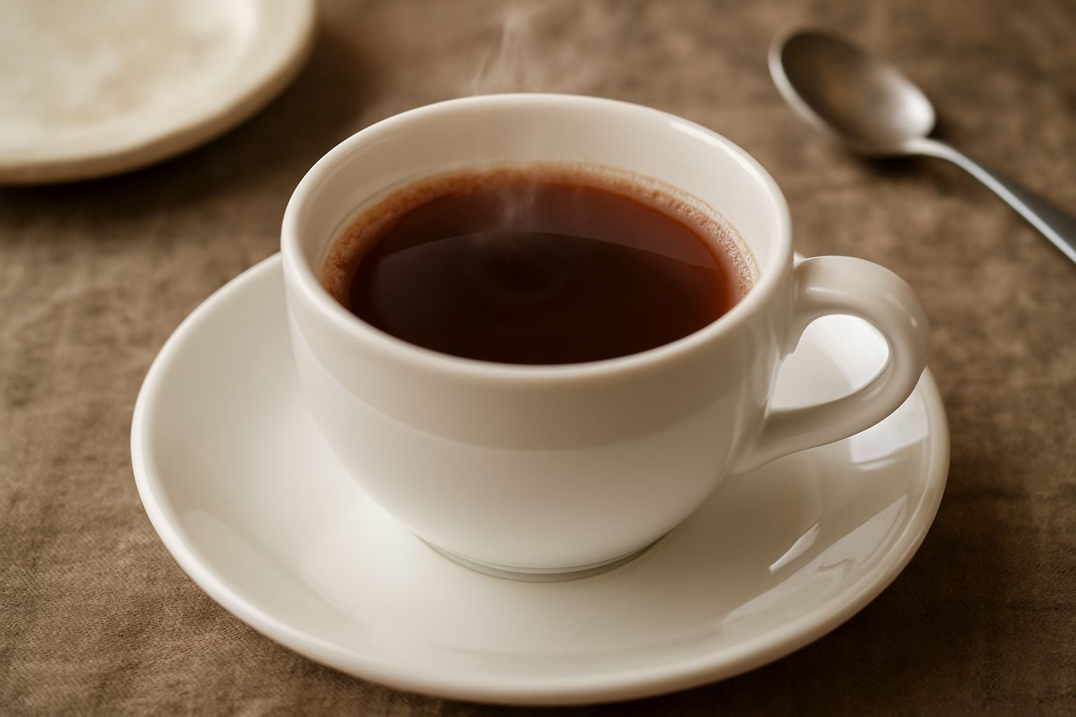 Una tazza di ceramica bianca con caffè d'orzo marrone fumante, piattino in coordino, biscotto secco accanto, sfondo bianco e luce naturale.