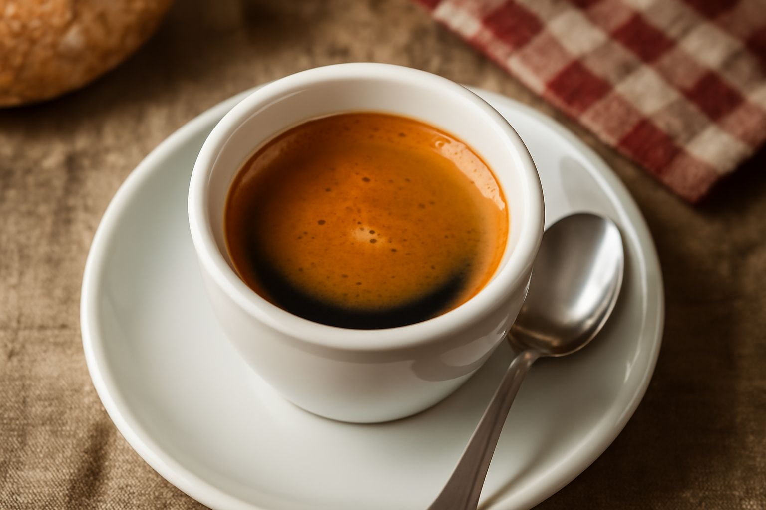 Tazza bianca contenente caffè espresso scuro e cremoso, con crema nocciola uniforme in superficie, posizionata su piattino con un cucchiaino d'argento