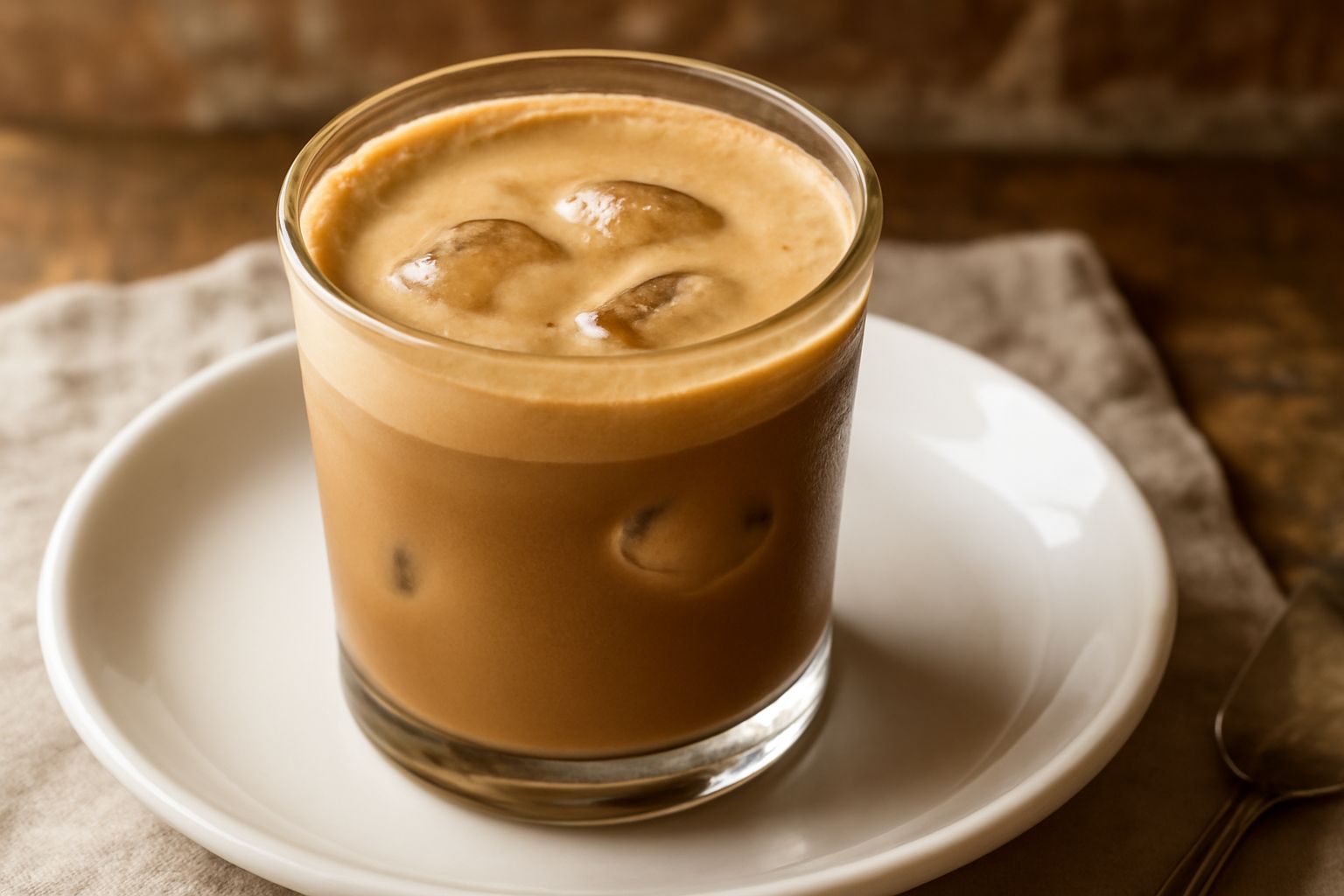 Bicchiere di caffè freddo cremoso color marrone chiaro con schiuma densa sulla superficie, ghiaccio visibile dentro, bicchiere di vetro trasparente su tavolo bianco