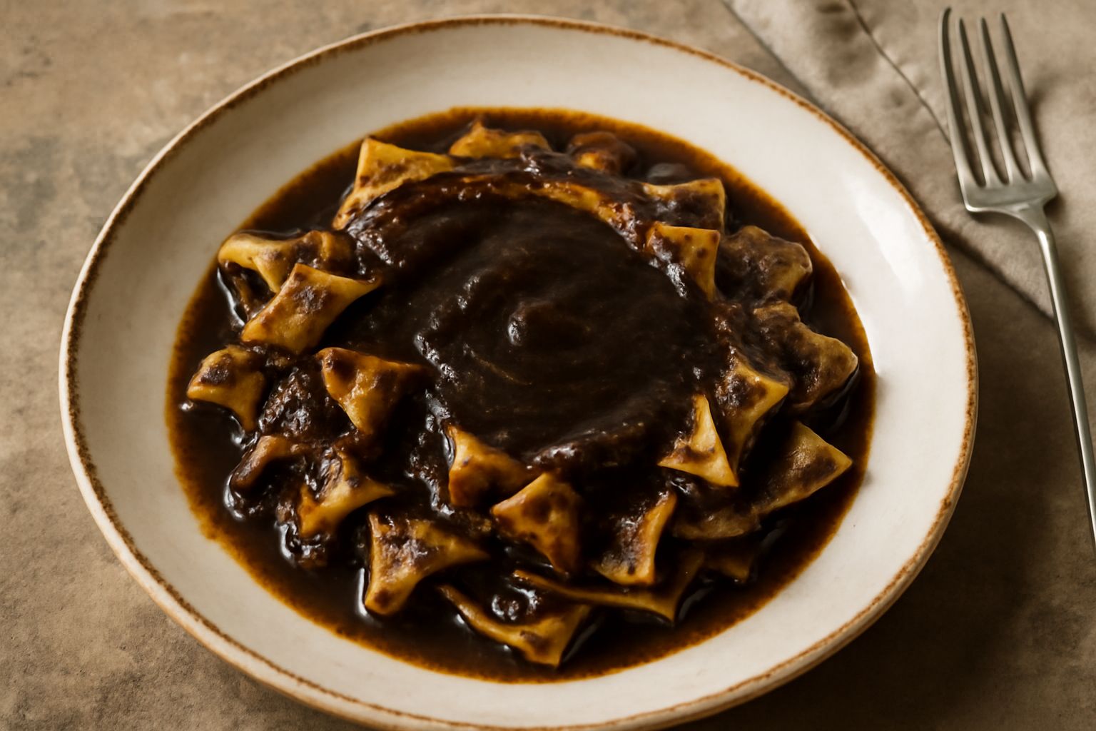 Chicchi di caffè tostati color marrone scurissimo in una ciotola di ceramica bianca, accanto a una tazzina di caffè nera con liquido denso e scuro, vapore caldo visibile, su tavolo di legno chiaro
