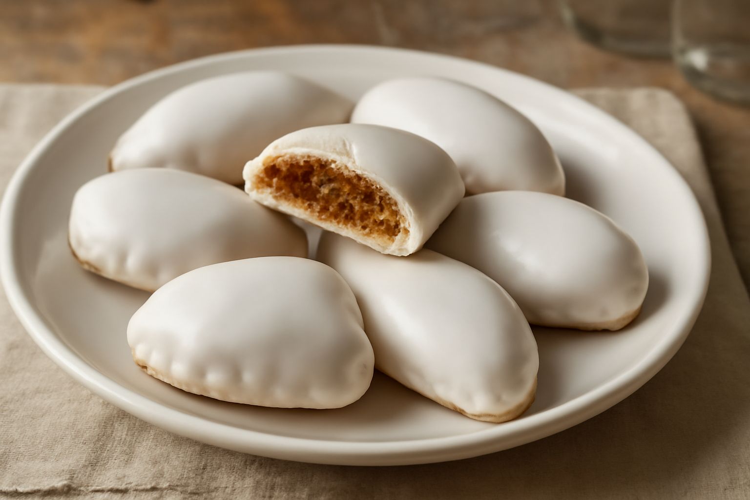 Caggionetti allineati su piatto bianco, biscotti ovali con glassa reale bianca lucida e decorati con pasta di mandorle visibile al taglio, sfondo chiaro