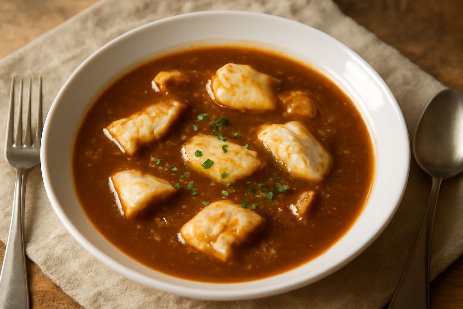 Ciotola di cagnina fumante con pezzi di pesce bianco in brodo rosso scuro, servita con fette di pane tostato, su tavolo di legno con bicchiere d'acqua