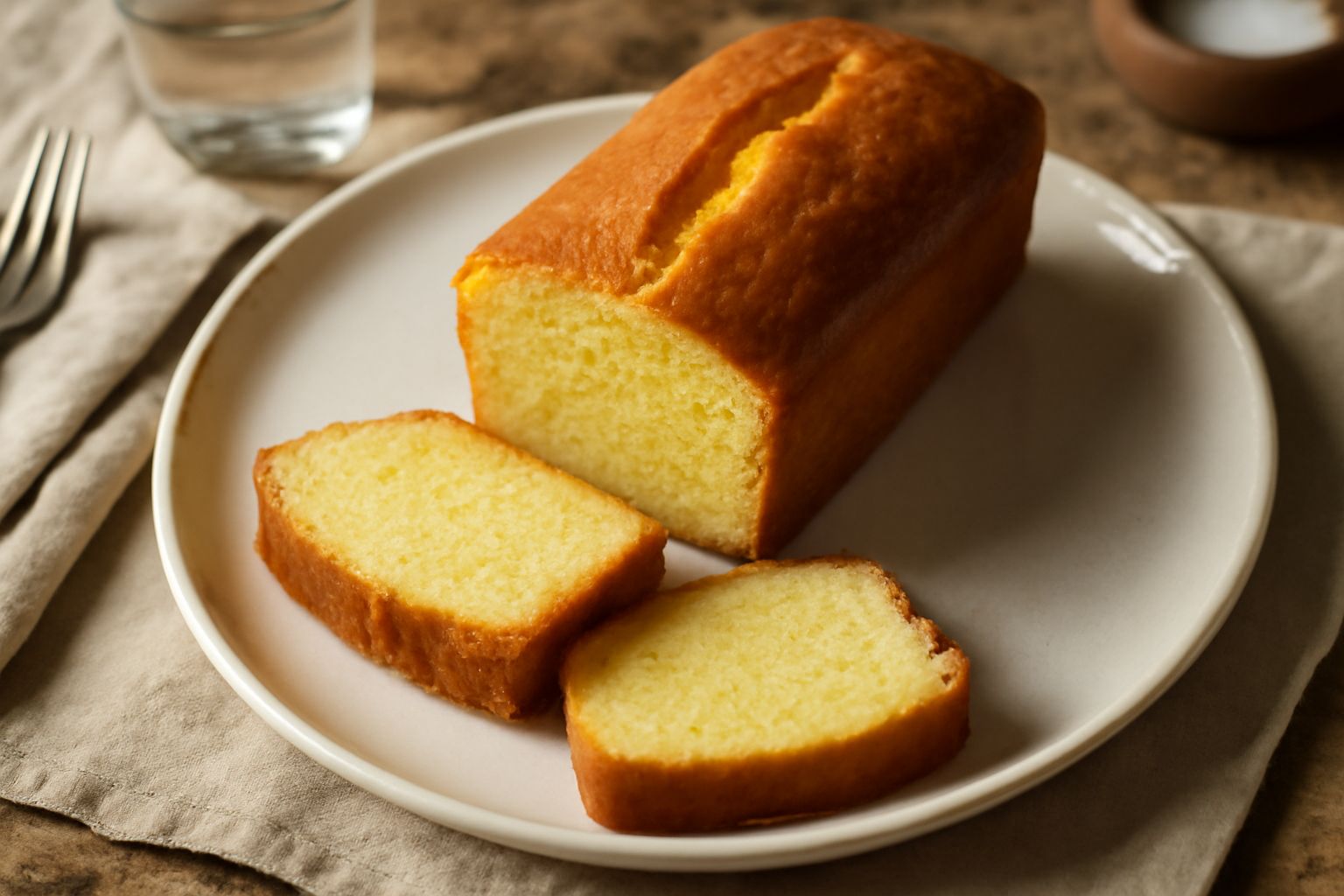 Cake al burro bolognese affettato, color oro scuro, su un piatto bianco, con una fetta di profilo che mostra la miga soffice e compatta