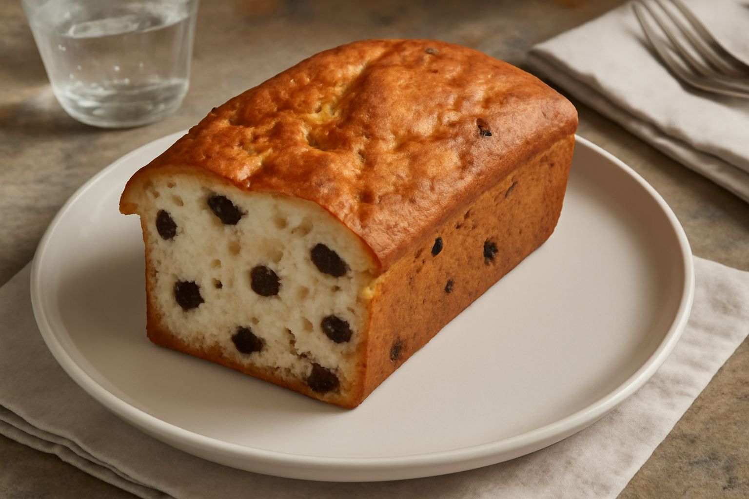 Cake goriziano affettato su piatto bianco, mostra interno soffice beige chiaro con uvetta scura e pinoli visibili, superficie dorata uniforme