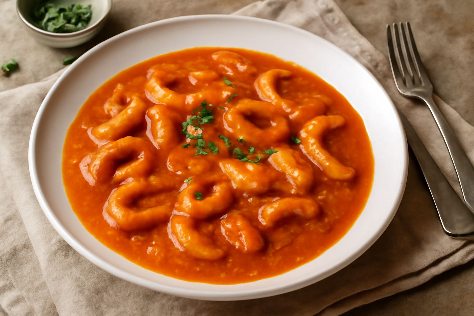 Calamai in umido in bianco piatto fondo di ceramica bianca, pezzetti di calamaro traslucido-bianchi in salsa pomodoro densa e rossa, guarniti con prezzemolo verde tritato, contorno di pomodorini crudi